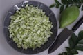 Finely chopped totapuri mangoes rubbed with salt as a preparation for instant mango pickle Royalty Free Stock Photo