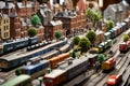 A finely detailed model railway diorama, depicting a bustling city scene with trains, cars, and miniature figures