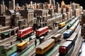 A finely detailed model railway diorama, depicting a bustling city scene with trains, cars, and miniature figures