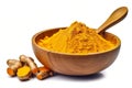 Finely dried Turmeric (Curcuma longa Linn) powder in a wooden bowl and spoon with rhizome (root) isolated on white background