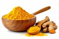 Finely dried Turmeric (Curcuma longa Linn) powder in a wooden bowl and spoon with rhizome (root) isolated on white background