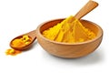 Finely dried Turmeric (Curcuma longa Linn) powder in a wooden bowl and spoon with rhizome (root) isolated on white background