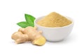 Finely dry Ginger powder in white bowl with fresh rhizome Royalty Free Stock Photo