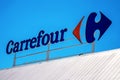 Finestrat, Spain - June 12, 2019: Carrefour logo in Finestrat Spain. Carrefour is one of the largest hypermarket chains Royalty Free Stock Photo