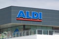 Finestrat, Spain - March 2, 2023: Aldi logo sign on the store wall. Aldi is discount supermarket chains operating over