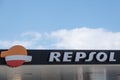 Finestrat, Spain - March 2, 2023: Repsol logo sign on gas station. Repsol - Spanish energy and petrochemical company Royalty Free Stock Photo