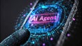 Finger activates glowing Ai Agent button on a complex digital smartphone interface showing high technology Royalty Free Stock Photo