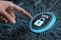 Finger activates vpn button on digital interface for secure network connection and data protection Royalty Free Stock Photo