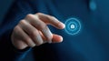Finger activating a button, interface interaction in digital technology, control, access, automation
