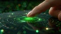 Finger activating a glowing green fingerprint sensor on a dark background Royalty Free Stock Photo