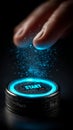 Finger activating a round start button surrounded by blue light and particles, Royalty Free Stock Photo