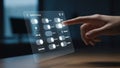 Finger activating a toggle on a futuristic transparent holographic system settings interface with Wi-Fi and Bluetooth options Royalty Free Stock Photo