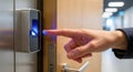 Finger Approaching Biometric Reader on Office Door Lock Royalty Free Stock Photo