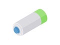 Finger battery isometric icon. Electric miniature gray accumulator with green stripe.