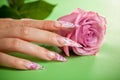 Finger with beautiful manicure touch a pink rose Royalty Free Stock Photo