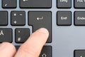 Finger captured in the moment of pressing the Enter key on a sleek modern design keyboard, submission of data, sending a message, Royalty Free Stock Photo