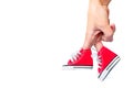 Finger character wearing red canvas shoes Royalty Free Stock Photo