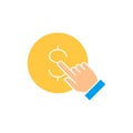 Finger click the coin, button press, finger touch on money white outline icon. Finance, payment, invest finance symbol