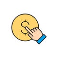 Finger click the coin, button press, finger touch on money color lineal icon. Finance, payment, invest finance symbol