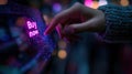 Finger clicking floating holographic button, engaging in digital shopping