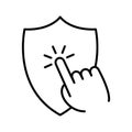 Finger clicking, on security shield icon. Choose high rated security, safety, protection concept