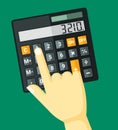 Finger clicks on calculator illustration. Accounting economics with financial calculation mathematical education school