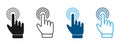 Set of four hand cursor icons showing touch or click action in different styles solid black, outline, solid blue, and outline blue Royalty Free Stock Photo
