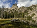 Finger of Fate in the Idaho sawtooths with mountain lake