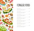Finger Food Buffet Menuc Cover Design with Different Snacks and Appetizers Vector Template