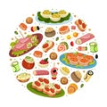 Finger Food Buffet Round Composition Design with Different Snacks and Appetizers Vector Template