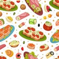 Finger Food Buffet Seamless Pattern Design with Different Snacks and Appetizers Vector Template