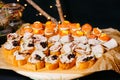 finger food, catering concept - close up of delicious bruschettas