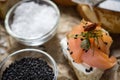 Smoked Salmon Canape with Cream Cheese, Fresh Dill and Black Sesame Royalty Free Stock Photo