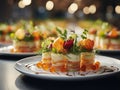 finger food style appetizer, sushi, gourmet in fine dining restaurant, appetizing intricate details, natural light, Royalty Free Stock Photo