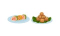 Finger Foods with Savory Mini Roll and Meat Balls as Small Portion of Food Vector Set