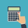 Finger of hand presses the calculators button. Concept of calculate numbers. Vector. Royalty Free Stock Photo