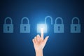Finger hand touching and pressing virtual lock icon symbol.