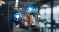 Finger interacting with futuristic digital interface and icons Royalty Free Stock Photo