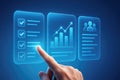 Finger Interacting with Futuristic Digital Interface Showing Checklist and Graph touch screen Royalty Free Stock Photo