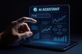 Person\'s Finger Touching AI Assistant Interface with Brain Icon and Data Visualizations AI assistant Royalty Free Stock Photo