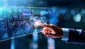 A finger interacts with a futuristic digital interface, showcasing data visualization and technological advancement Royalty Free Stock Photo