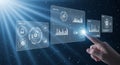 Finger touching a glowing blue digital interface with supply chain data and abstract in a starry background Royalty Free Stock Photo