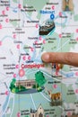 Finger on map near CompiÃÂ¨gne in France Royalty Free Stock Photo