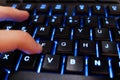 Finger over backlighted keyboard pressing the F character. Popular internet concept that stands for paying respects to someone Royalty Free Stock Photo