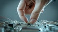Finger placing a microchip onto a complex circuit board. Royalty Free Stock Photo