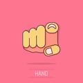 Finger point icon in comic style. Hand gesture cartoon vector illustration on white isolated background. You forward splash effect Royalty Free Stock Photo