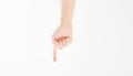 Finger point isolated white background. caucasian arm. Mock up. Copy space. Template. Blank. Royalty Free Stock Photo