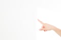 Finger point isolated white background. caucasian hand. Mock up. Copy space. Template. Blank. Royalty Free Stock Photo