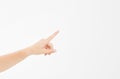 Finger point isolated white background. caucasian hand. Mock up. Copy space. Template. Blank. Royalty Free Stock Photo