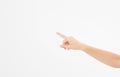 Finger point isolated white background. caucasian hand. Mock up. Copy space. Template. Blank. Royalty Free Stock Photo